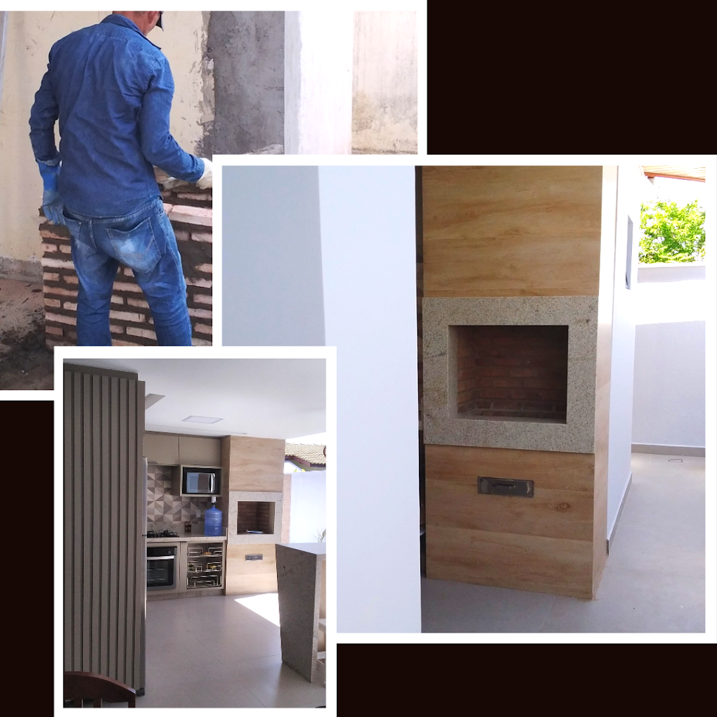 Antes e depois de uma área gourmet em Aracaju: assentamento de tijolos na base da churrasqueira e, ao lado, o ambiente concluído com porcelanato amadeirado, granito e marcenaria